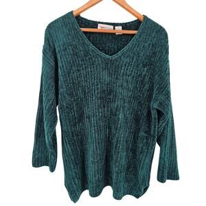 Vintage Cristina Hunter Green Soft Chenille Knit V-Neck Pullover Sweater Small